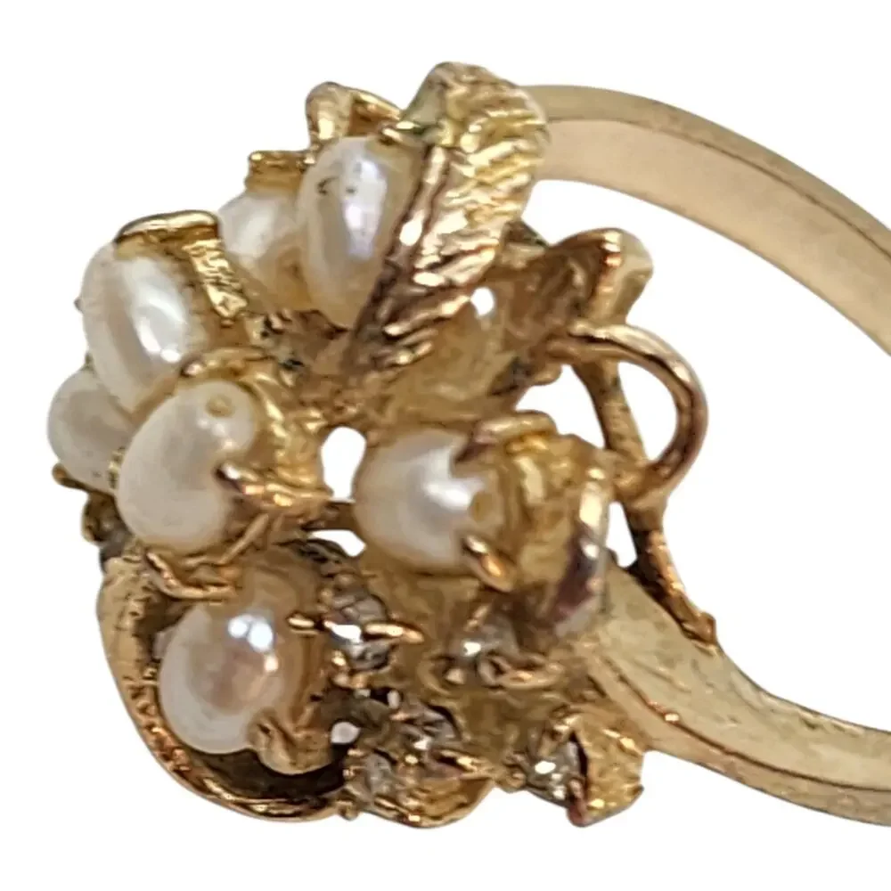 Vintage Genuine Pearl Rhinestone Cluster Cocktail Ring Floral Gold Plate Sz 6.75